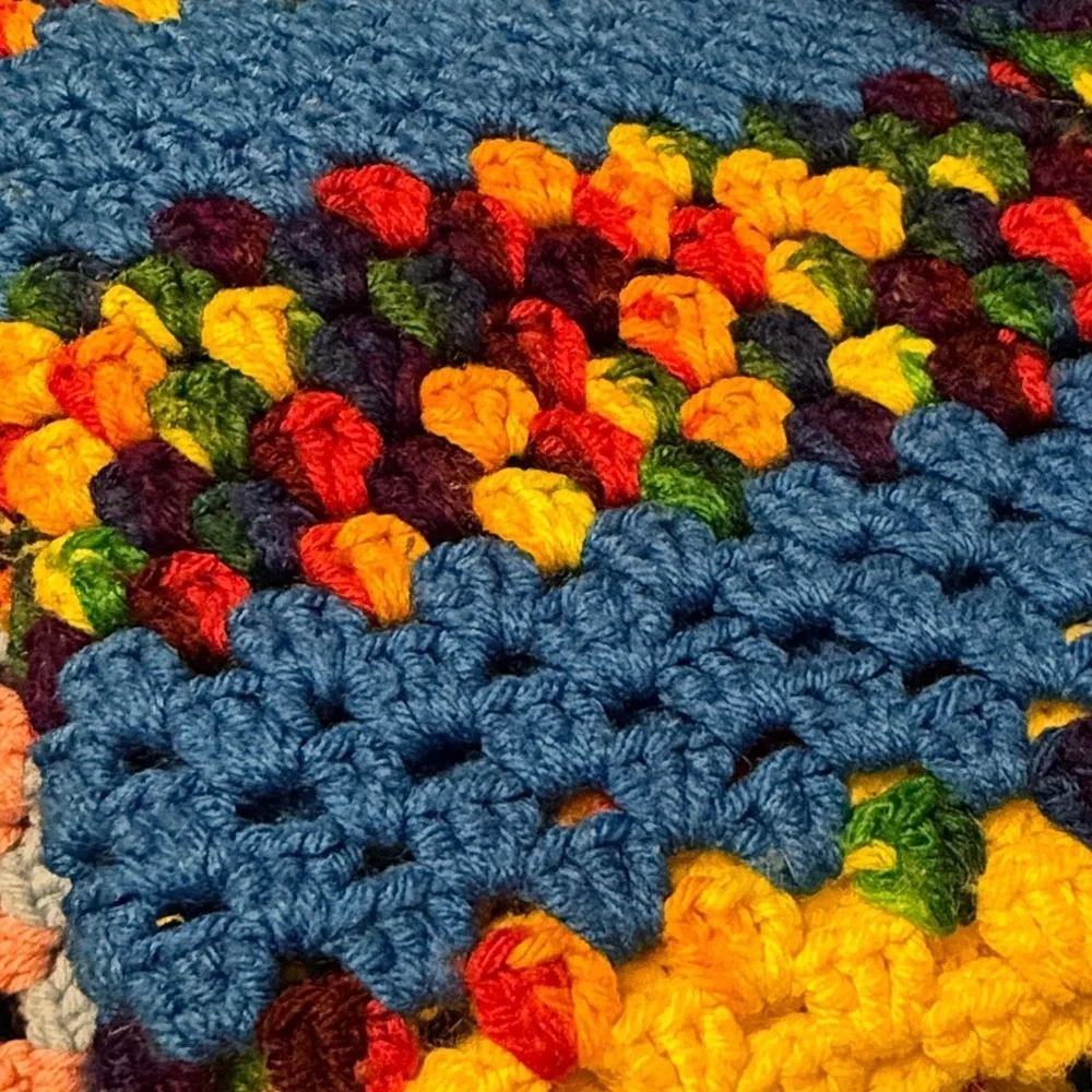 Handmade Granny Square Crocheted Blanket Baby Blanket Rainbow Pattern 35 x 37.5”